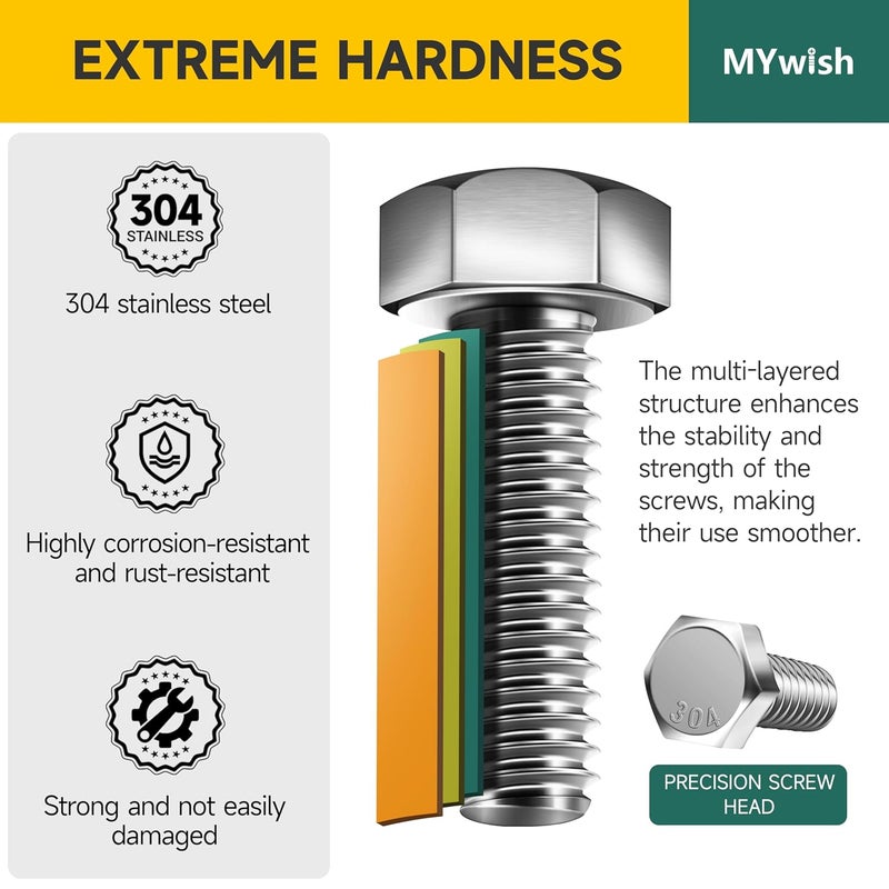 MYWISH مجموعة من 210 قطعة من براغي وصواميل رأس سداسي، 1/4 20 برغي، مجموعة براغي وصواميل من الفولاذ المقاوم للصدأ 304 الثقيلة مع غسالات مسطحة، تشمل 7 أحجام شائعة، ملولبة بالكامل - Image 3